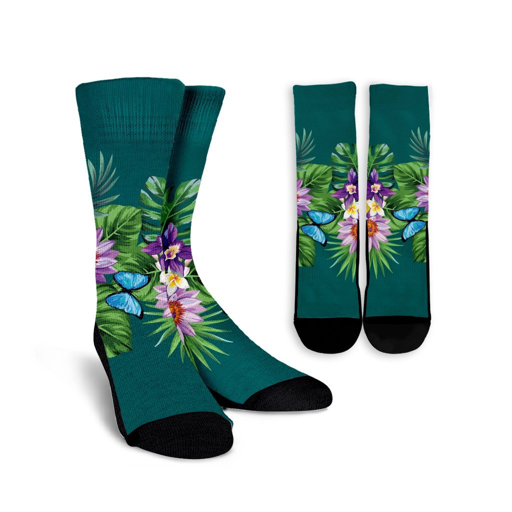 Hawaiian Tropical Strelitzia Plumeria Orchids Hibiscus Polynesian Crew Socks - AH Crew Socks White - Polynesian Pride