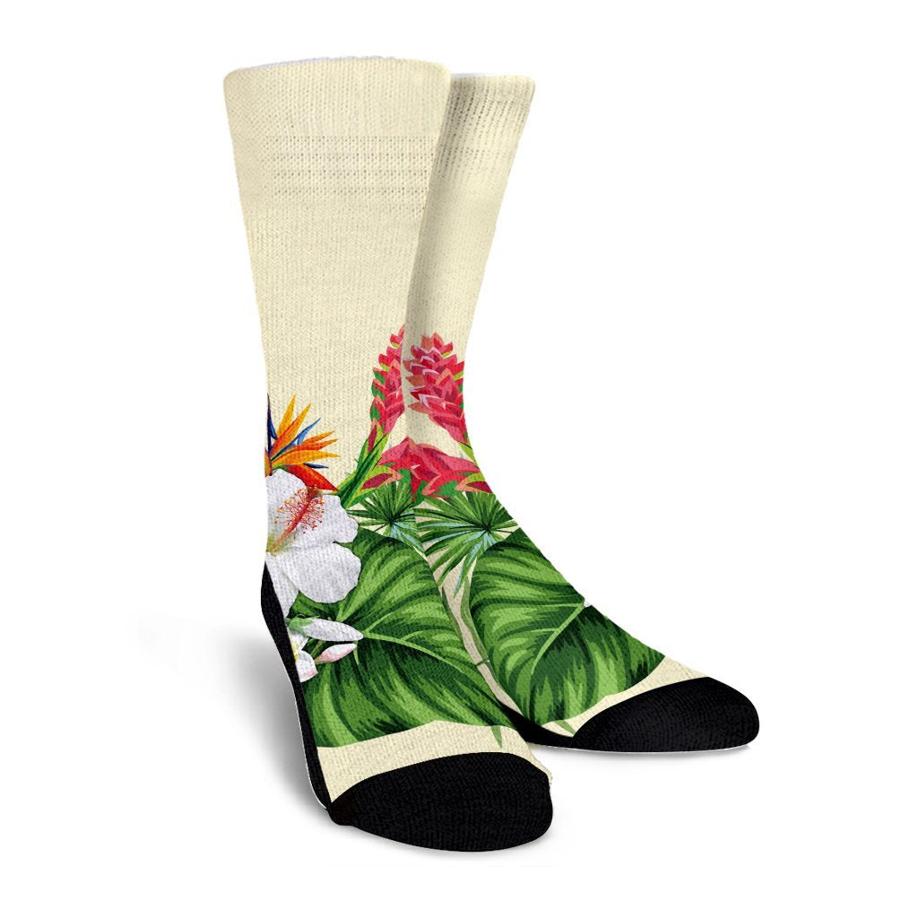Hawaiian Tropical Wonderful Hibiscus Plumeria Strelitzia Crew Socks - AH - Polynesian Pride