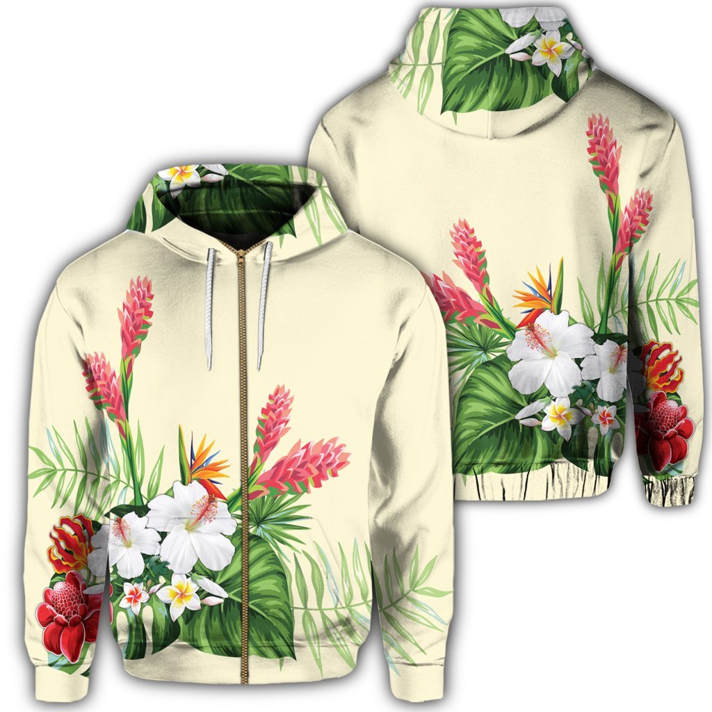 Hawaiian Tropical Wonderful Hibiscus Plumeria Strelitzia Zip Hoodie Unisex Art - Polynesian Pride