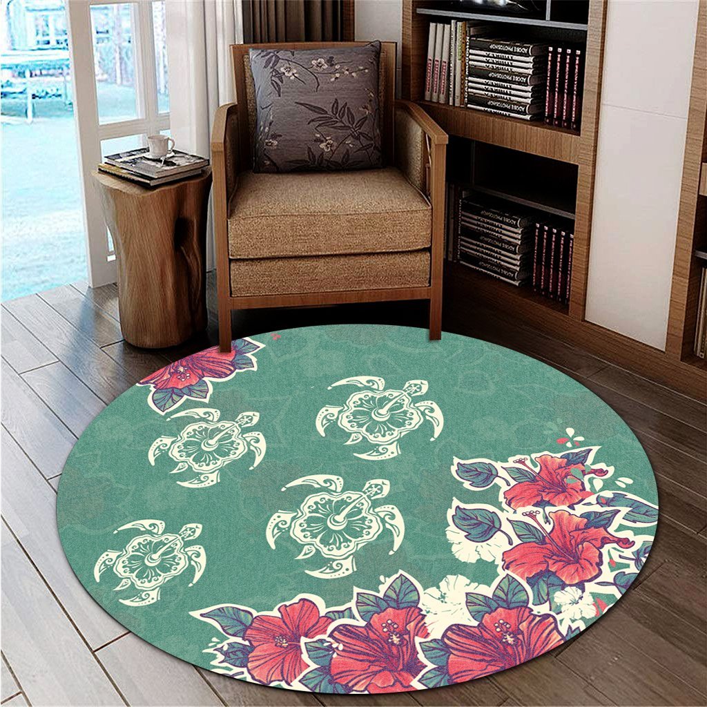 Hawaiian Turtle And Colorful Hibiscus Polynesian Round Carpet - AH - Polynesian Pride