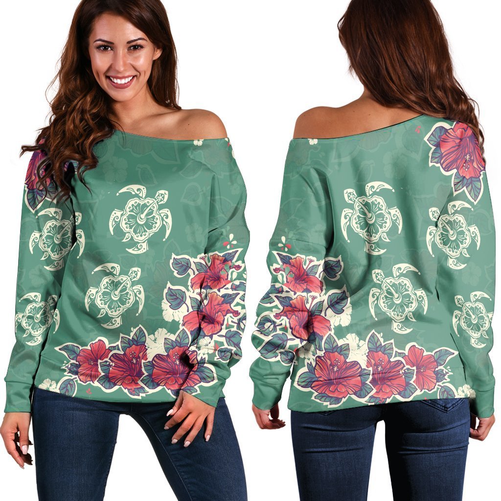 Hawaiian Turtle And Colorful Hibiscus Polynesian Women's Off Shoulder Sweater - AH Black - Polynesian Pride