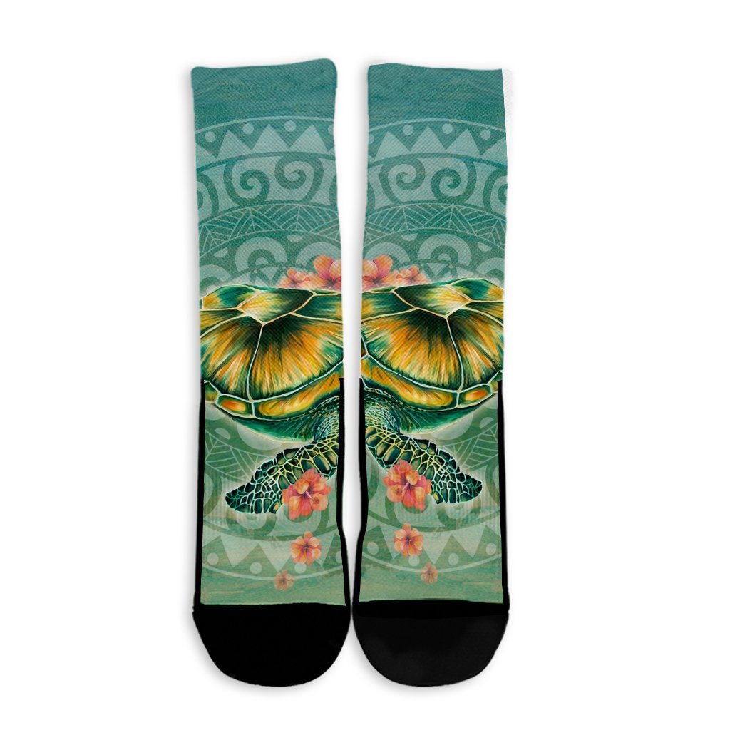 Hawaiian Turtle And Hibiscus Polynesian Crew Socks - AH - Polynesian Pride