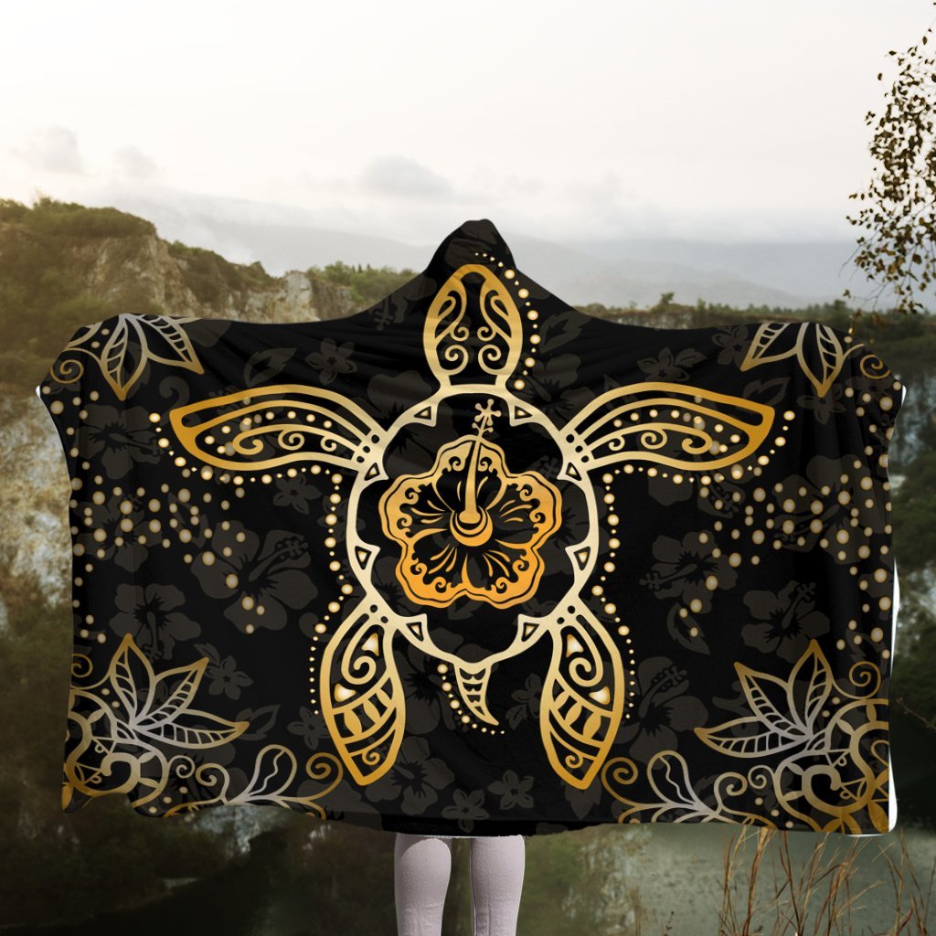 Hawaiian Turtle And Hibiscus Polynesian Hooded Blanket Gold - AH - Polynesian Pride