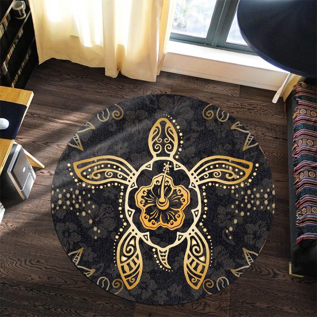 Hawaiian Turtle And Hibiscus Polynesian Round Carpet Gold - AH - Polynesian Pride