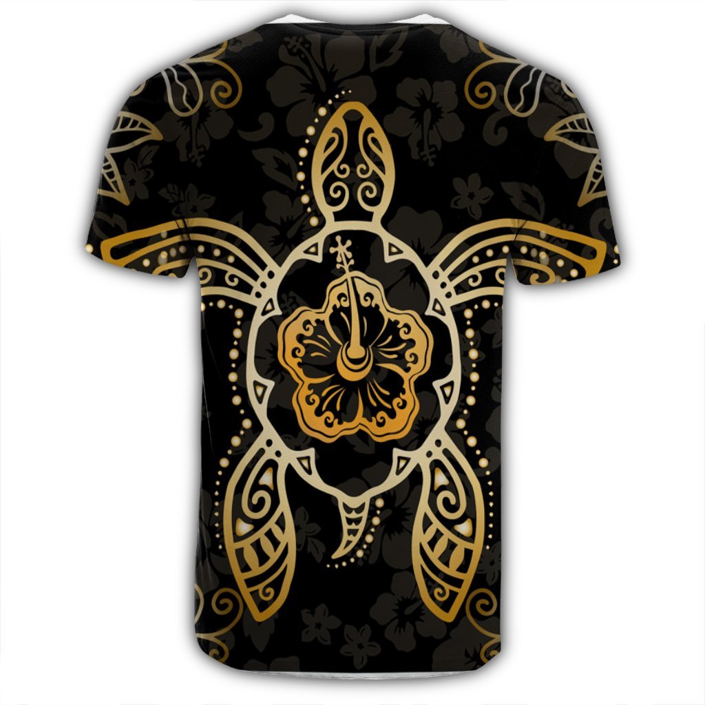 Hawaiian Turtle And Hibiscus Polynesian T Shirt Gold AH - Polynesian Pride