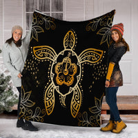 Hawaiian Turtle And Hibiscus Polynesian Premium Blankets Gold - AH - Polynesian Pride