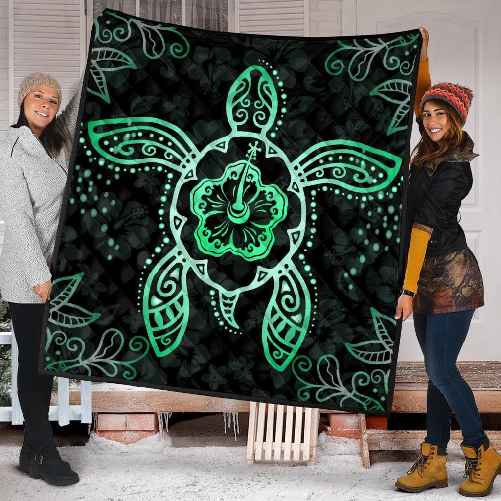 Hawaiian Turtle And Hibiscus Polynesian Premium Quilts Green - AH - Polynesian Pride