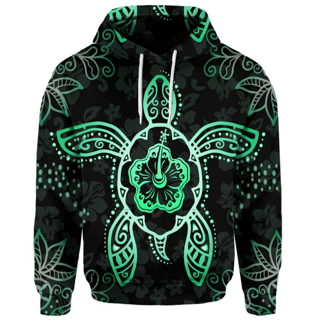 Custom Hawaiian Turtle and Hibiscus Polynesian Hoodie Green - Polynesian Pride