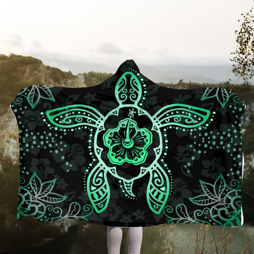 Hawaiian Turtle And Hibiscus Polynesian Hooded Blanket Green - AH - Polynesian Pride