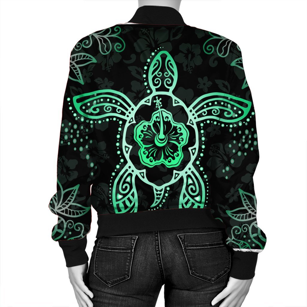 Hawaiian Turtle And Hibiscus Polynesian Bomber Jacket Green - AH - Polynesian Pride
