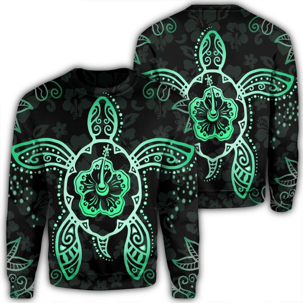 Hawaiian Turtle And Hibiscus Polynesian Sweatshirt Green - AH Unisex Black - Polynesian Pride