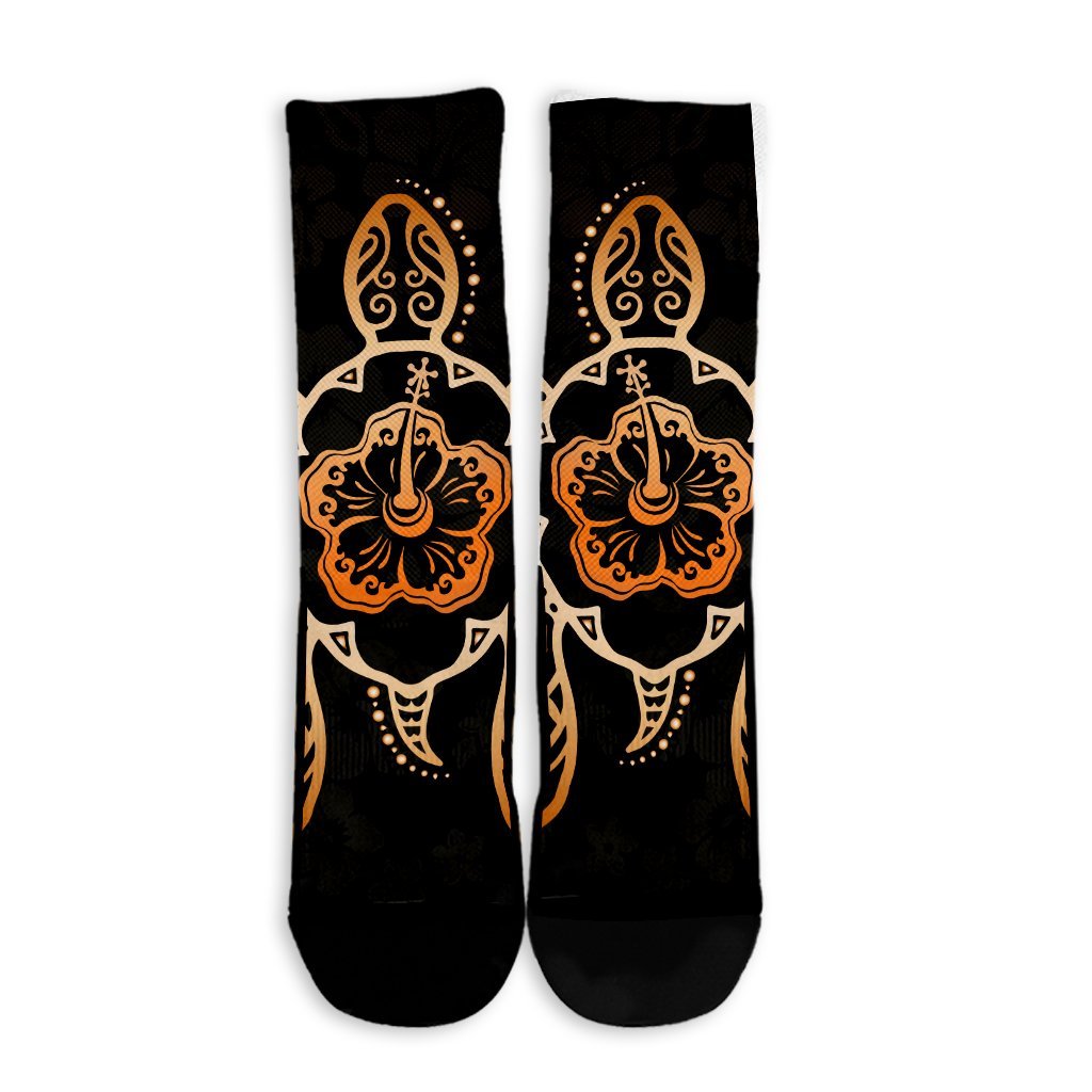 Hawaiian Turtle And Hibiscus Polynesian Crew Socks Orange - AH - Polynesian Pride