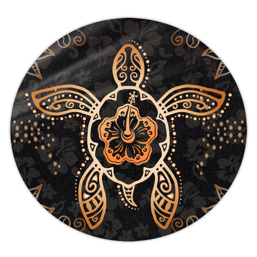 Hawaiian Turtle And Hibiscus Polynesian Round Carpet Orange - AH Round Carpet Luxurious Plush - Polynesian Pride