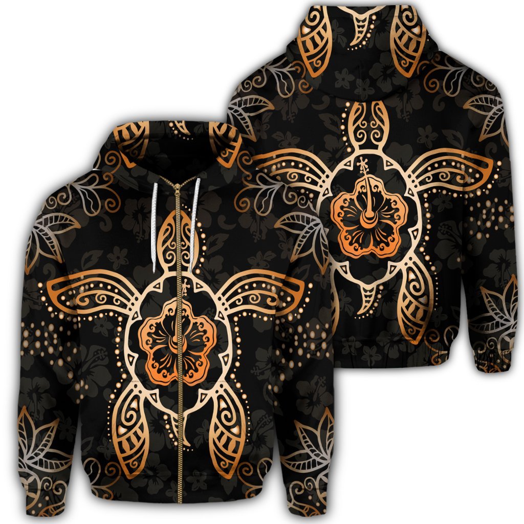 Hawaiian Turtle and Hibiscus Polynesian Zip Hoodie Orange Unisex Art - Polynesian Pride