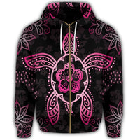 Hawaiian Turtle and Hibiscus Polynesian Zip Hoodie Pink - Polynesian Pride