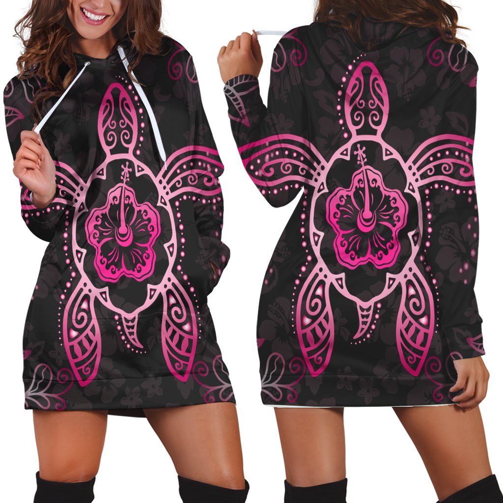 Hawaiian Turtle And Hibiscus Polynesian Hoodie Dress Pink - AH Black - Polynesian Pride