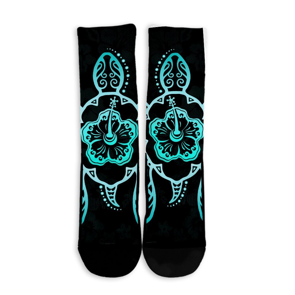 Hawaiian Turtle And Hibiscus Polynesian Crew Socks Turquoise - AH - Polynesian Pride