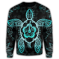 Hawaiian Turtle And Hibiscus Polynesian Sweatshirt Turquoise - AH - Polynesian Pride