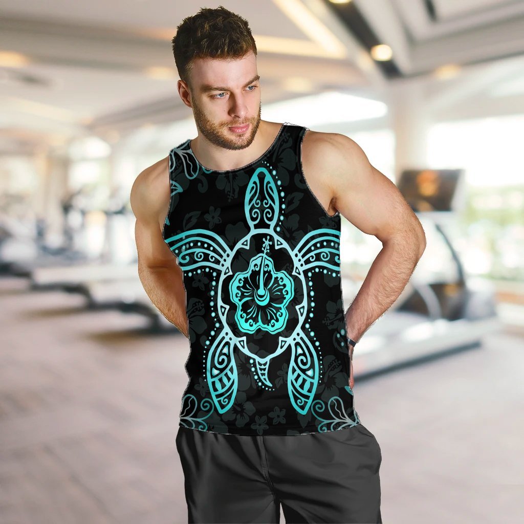Hawaiian Turtle And Hibiscus Polynesian Tank Top Turquoise - AH - Polynesian Pride
