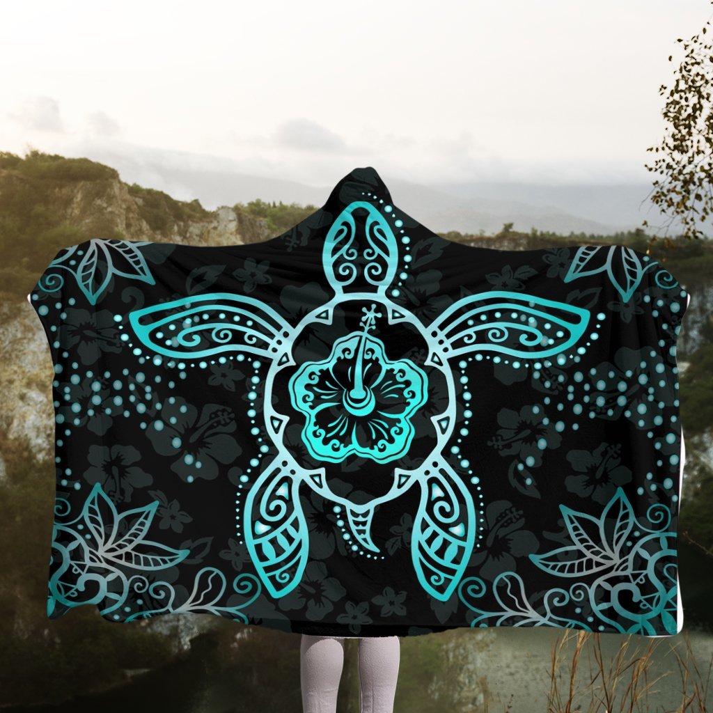 Hawaiian Turtle And Hibiscus Polynesian Hooded Blanket Turquoise - AH - Polynesian Pride