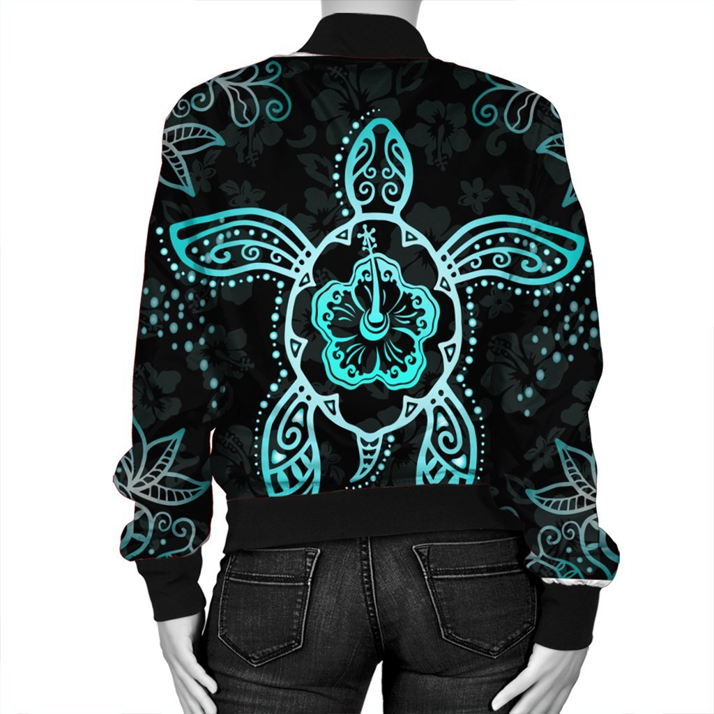 Hawaiian Turtle And Hibiscus Polynesian Bomber Jacket Turquoise - AH - Polynesian Pride