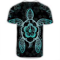Hawaiian Turtle And Hibiscus Polynesian T Shirt Turquoise AH - Polynesian Pride