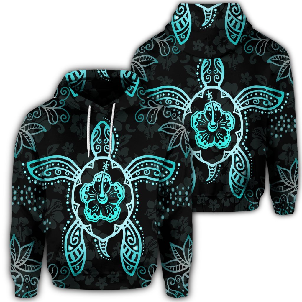 Hawaiian Turtle and Hibiscus Polynesian Hoodie Turquoise Unisex Art - Polynesian Pride