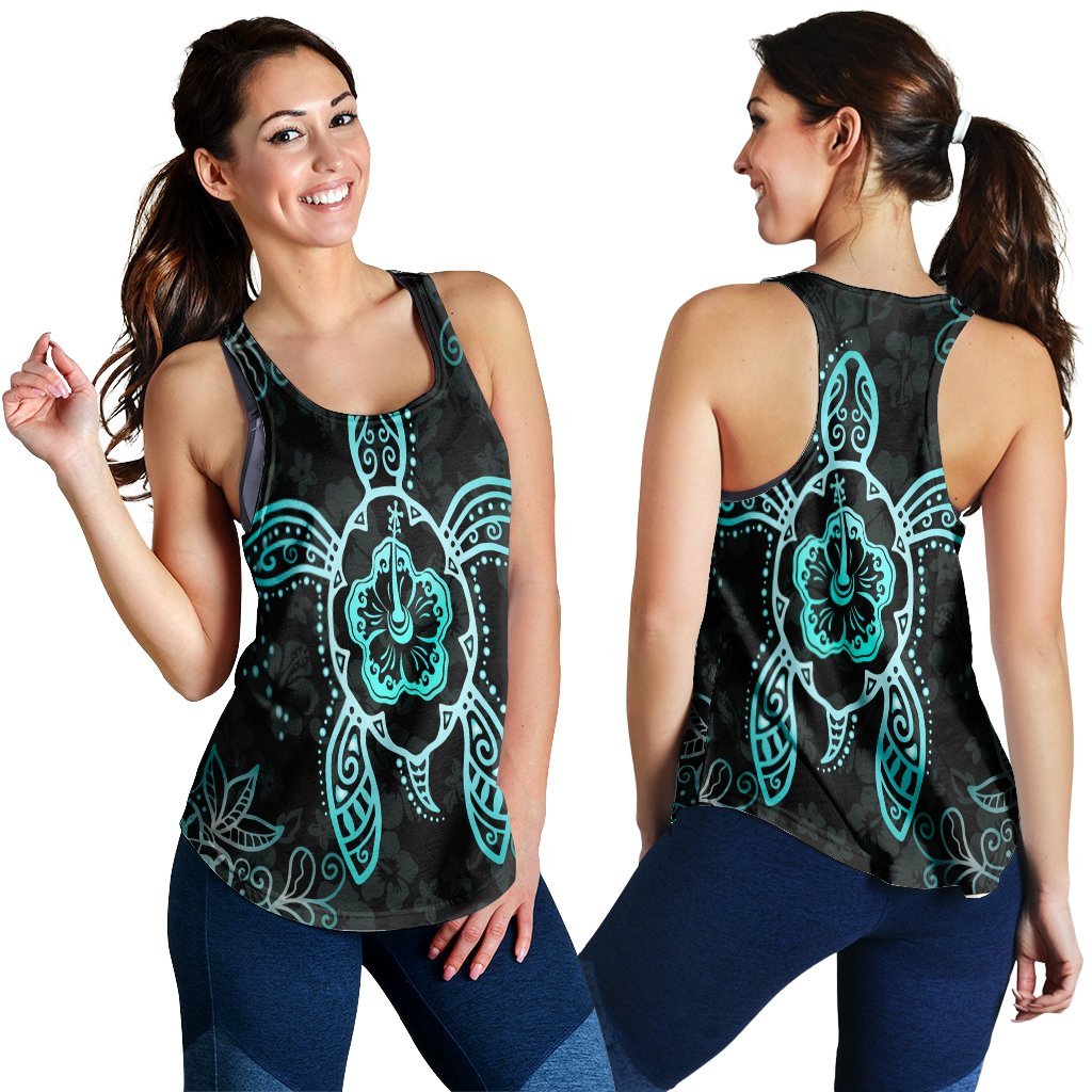 Hawaiian Turtle And Hibiscus Polynesian Racerback Tank Turquoise - AH Black - Polynesian Pride