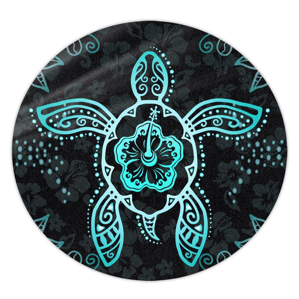 Hawaiian Turtle And Hibiscus Polynesian Round Carpet Turquoise - AH Round Carpet Luxurious Plush - Polynesian Pride