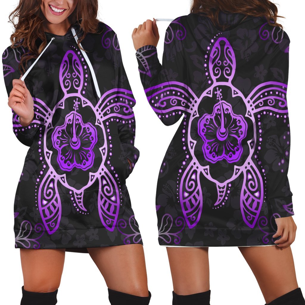 Hawaiian Turtle And Hibiscus Polynesian Hoodie Dress Violet - AH Black - Polynesian Pride