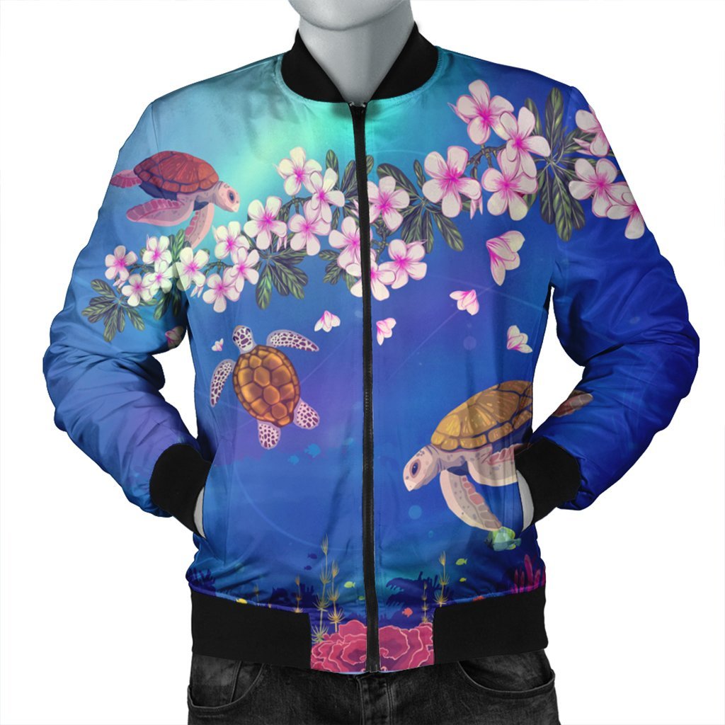 Hawaiian Turtle And Plumeria Pattern Polynesian Bomber Jacket - AH Black Unisex - Polynesian Pride