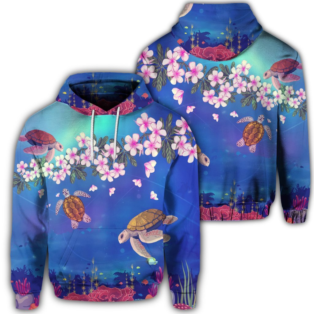 Hawaiian Turtle and Plumeria Pattern Polynesian Hoodie Unisex Art - Polynesian Pride