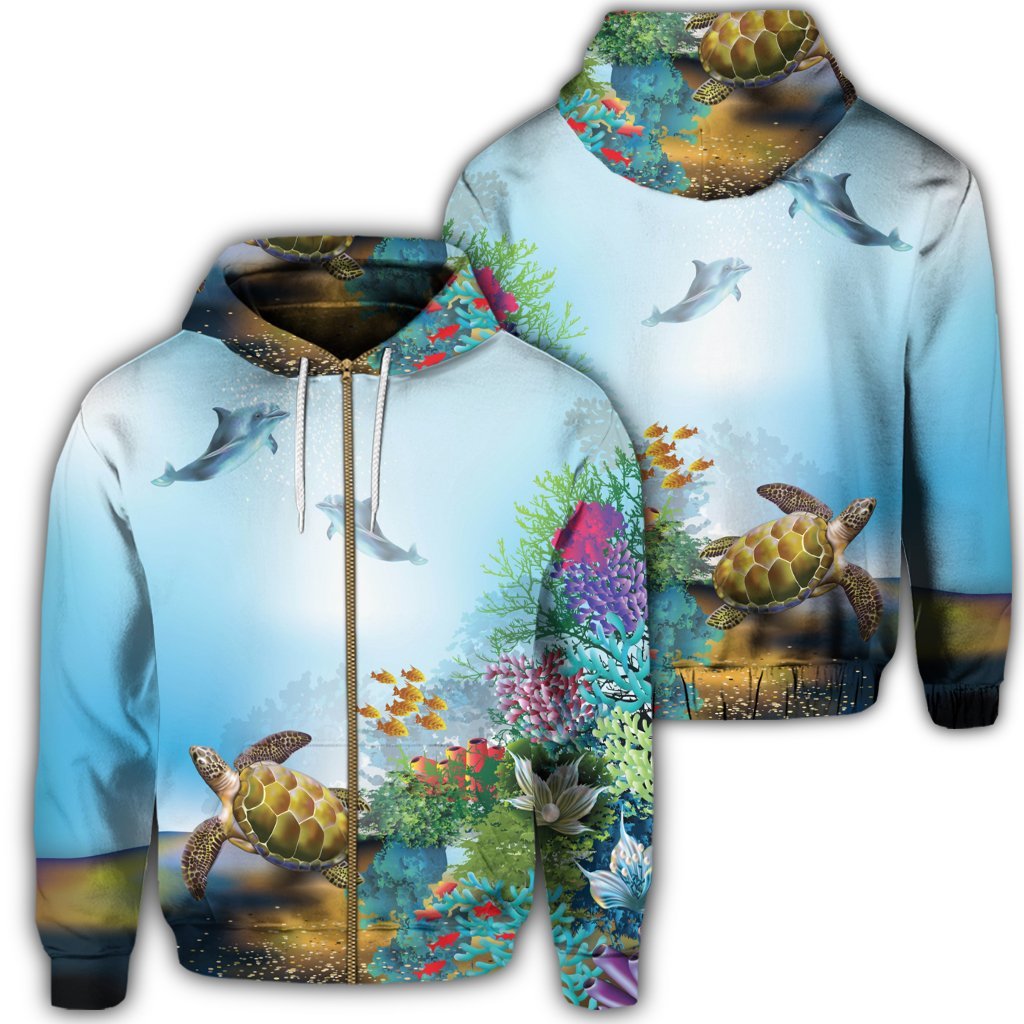 Hawaiian Turtle Dolphin In The Ocean Polynesian Zip Hoodie Unisex Art - Polynesian Pride