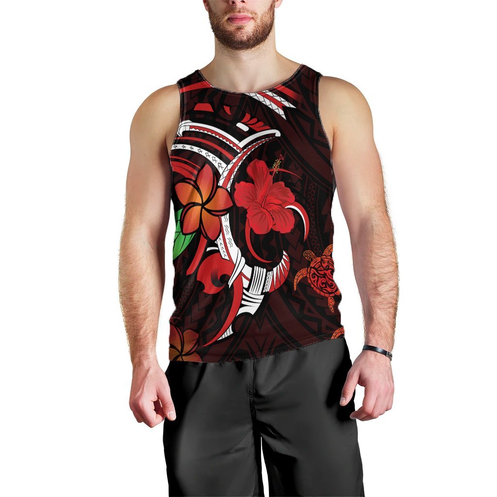 Hawaiian Turtle Hibiscus And Plumeria Flower Polynesian Tank Top - AH Black - Polynesian Pride