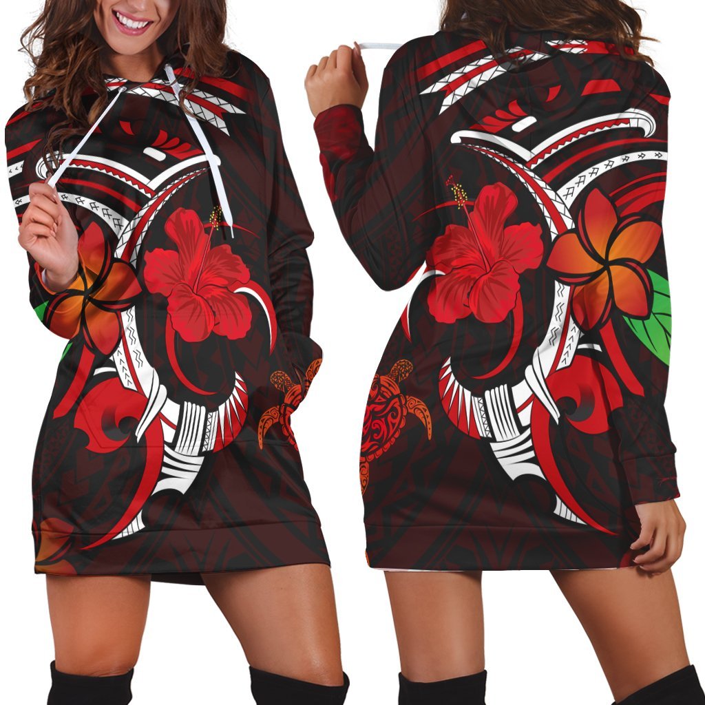 Hawaiian Turtle Hibiscus And Plumeria Flower Polynesian Hoodie Dress - AH Black - Polynesian Pride