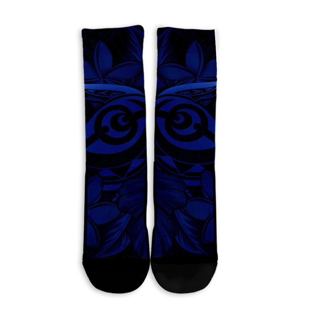 Hawaiian Turtle Hibiscus Plumeria Kanaka Polynesian Crew Socks Blue - Soft Style - AH - Polynesian Pride