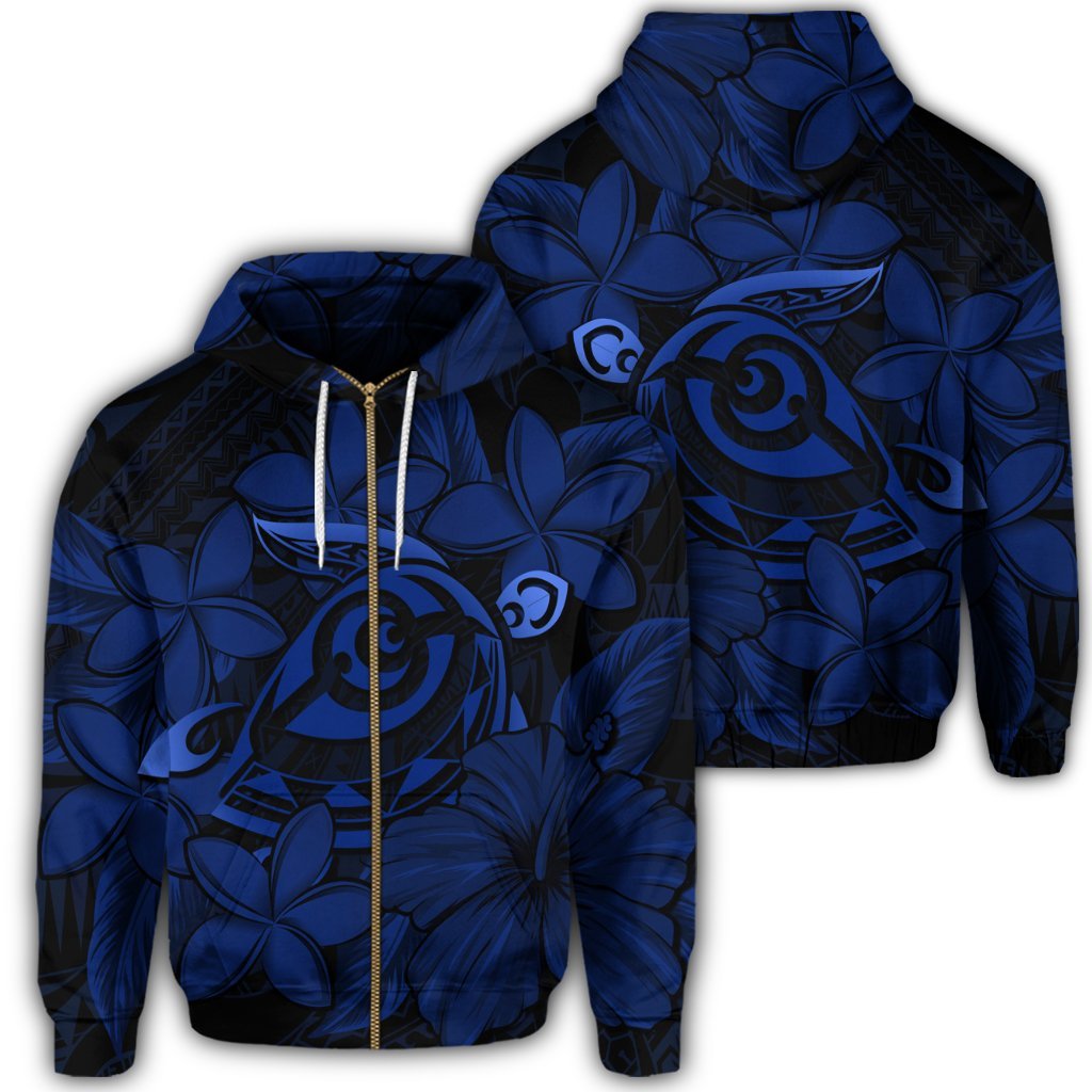 Hawaiian Turtle Hibiscus Plumeria Kanaka Polynesian Zip Hoodie Blue Soft Style Unisex Art - Polynesian Pride