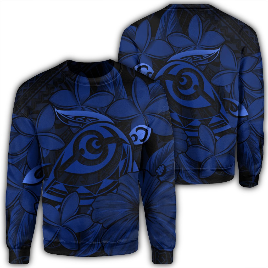 Hawaiian Turtle Hibiscus Plumeria Kanaka Polynesian Sweatshirt Blue - Soft Style - AH Unisex Black - Polynesian Pride