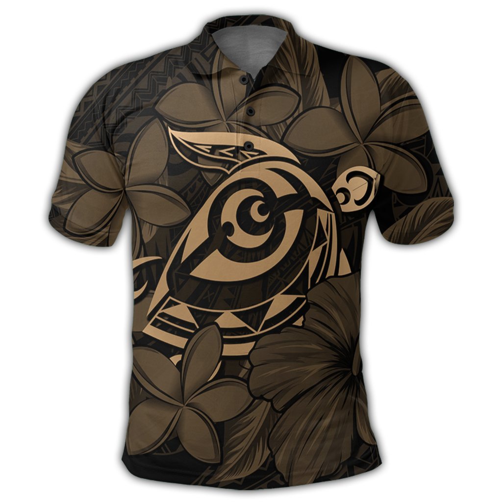 Hawaiian Turtle Hibiscus Plumeria Kanaka Polynesian Polo Shirt Gold Soft Style - Polynesian Pride