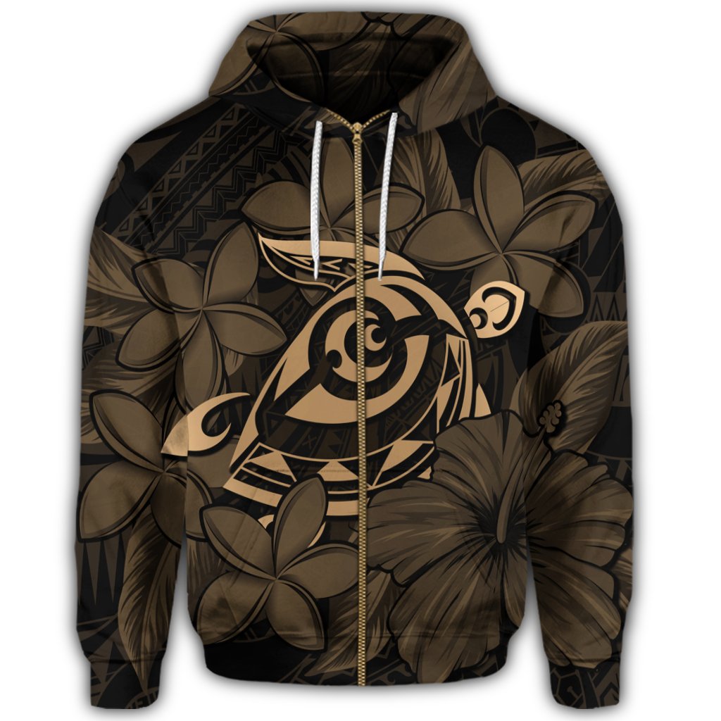 Hawaiian Turtle Hibiscus Plumeria Kanaka Polynesian Zip Hoodie Gold Soft Style - Polynesian Pride