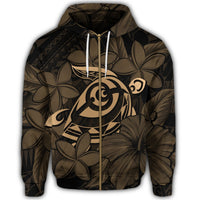 Hawaiian Turtle Hibiscus Plumeria Kanaka Polynesian Zip Hoodie Gold Soft Style - Polynesian Pride