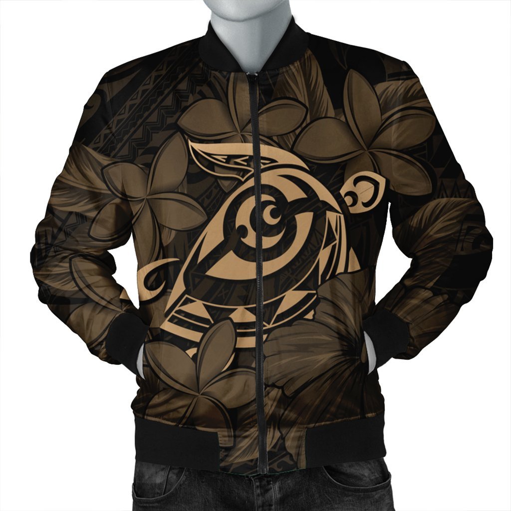 Hawaiian Turtle Hibiscus Plumeria Kanaka Polynesian Bomber Jacket Gold - Soft Style - AH Black Unisex - Polynesian Pride