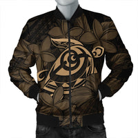 Hawaiian Turtle Hibiscus Plumeria Kanaka Polynesian Bomber Jacket Gold - Soft Style - AH Black Unisex - Polynesian Pride