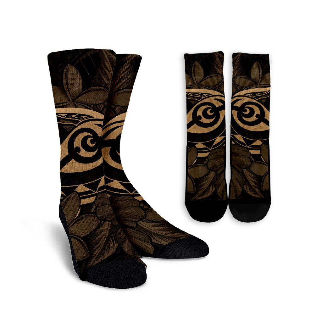 Hawaiian Turtle Hibiscus Plumeria Kanaka Polynesian Crew Socks Gold - Soft Style - AH Crew Socks White - Polynesian Pride