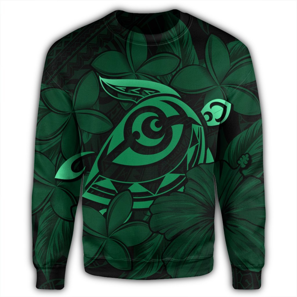 Hawaiian Turtle Hibiscus Plumeria Kanaka Polynesian Sweatshirt Green - Soft Style - AH - Polynesian Pride