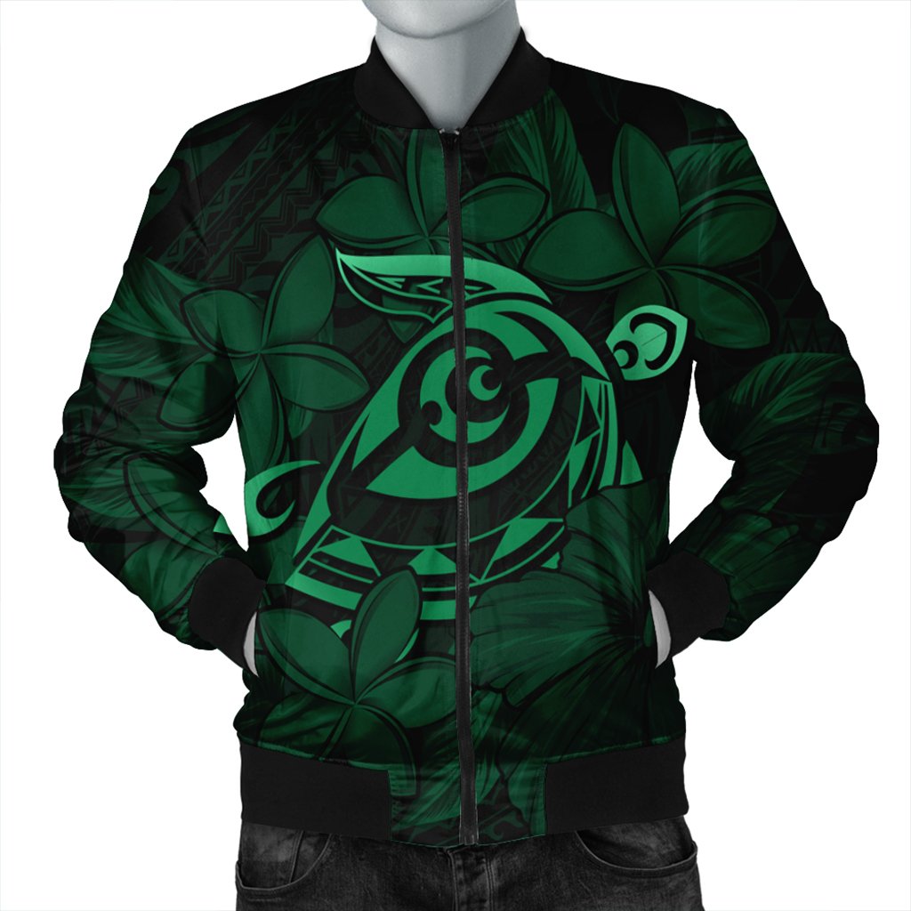Hawaiian Turtle Hibiscus Plumeria Kanaka Polynesian Bomber Jacket Green - Soft Style - AH Black Unisex - Polynesian Pride