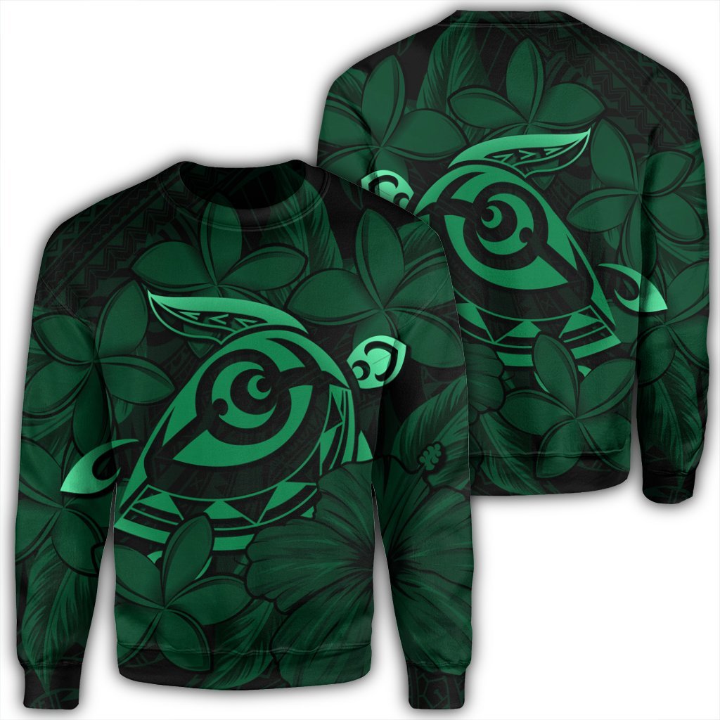 Hawaiian Turtle Hibiscus Plumeria Kanaka Polynesian Sweatshirt Green - Soft Style - AH Unisex Black - Polynesian Pride