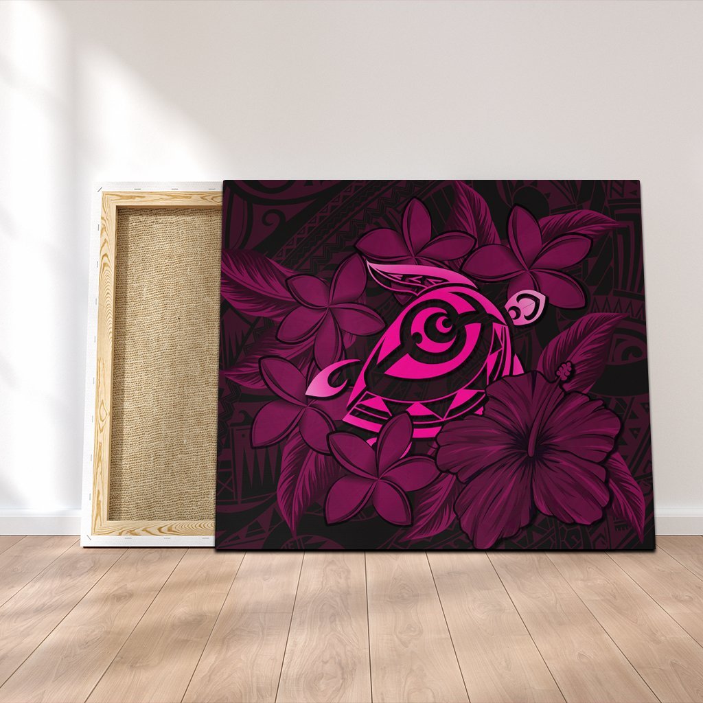 Hawaiian Turtle Hibiscus Plumeria Kanaka Polynesian Canvas Pink - Soft Style - AH Canvas Poly-cotton - Polynesian Pride