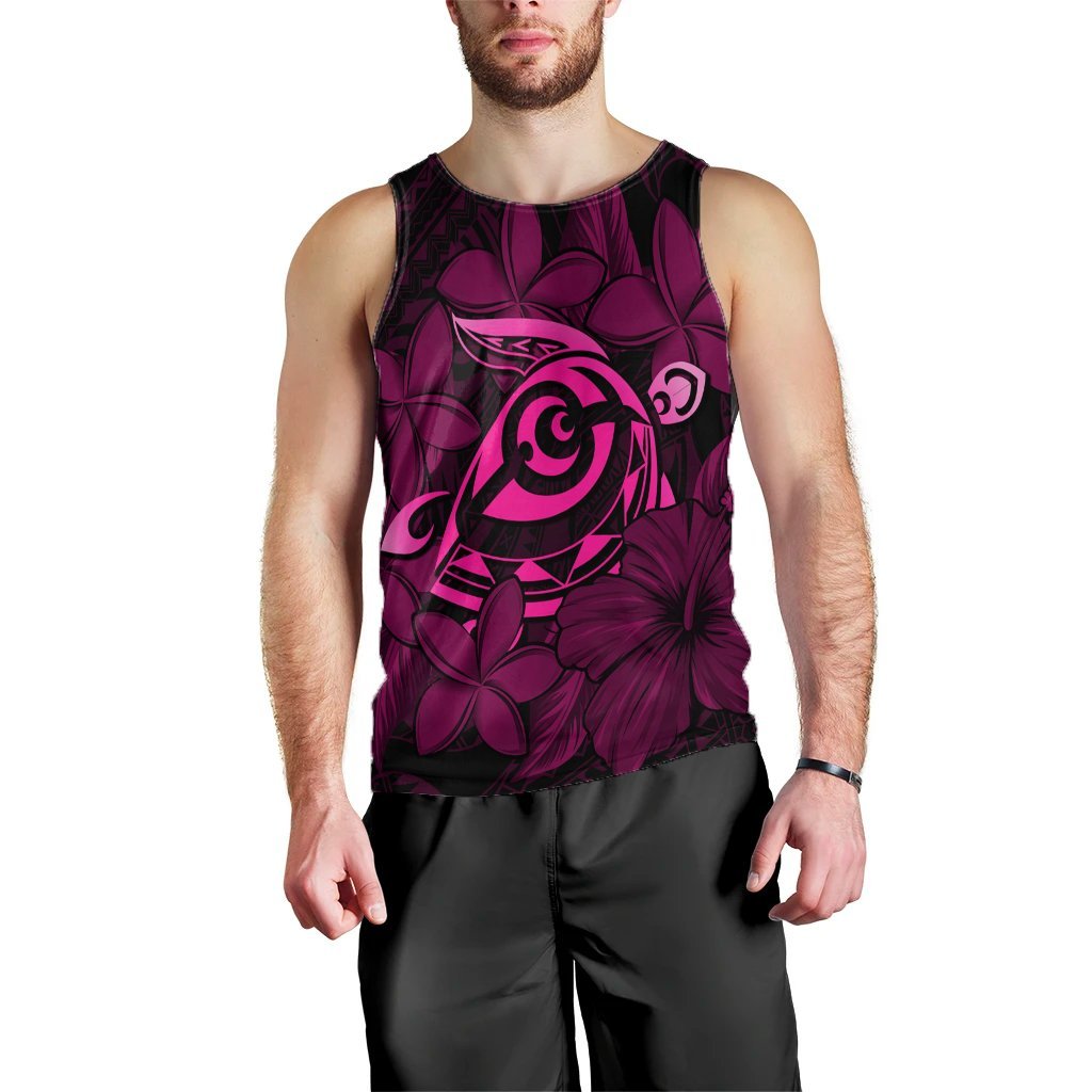 Hawaiian Turtle Hibiscus Plumeria Kanaka Polynesian Tank Top Pink - Soft Style - AH Black - Polynesian Pride