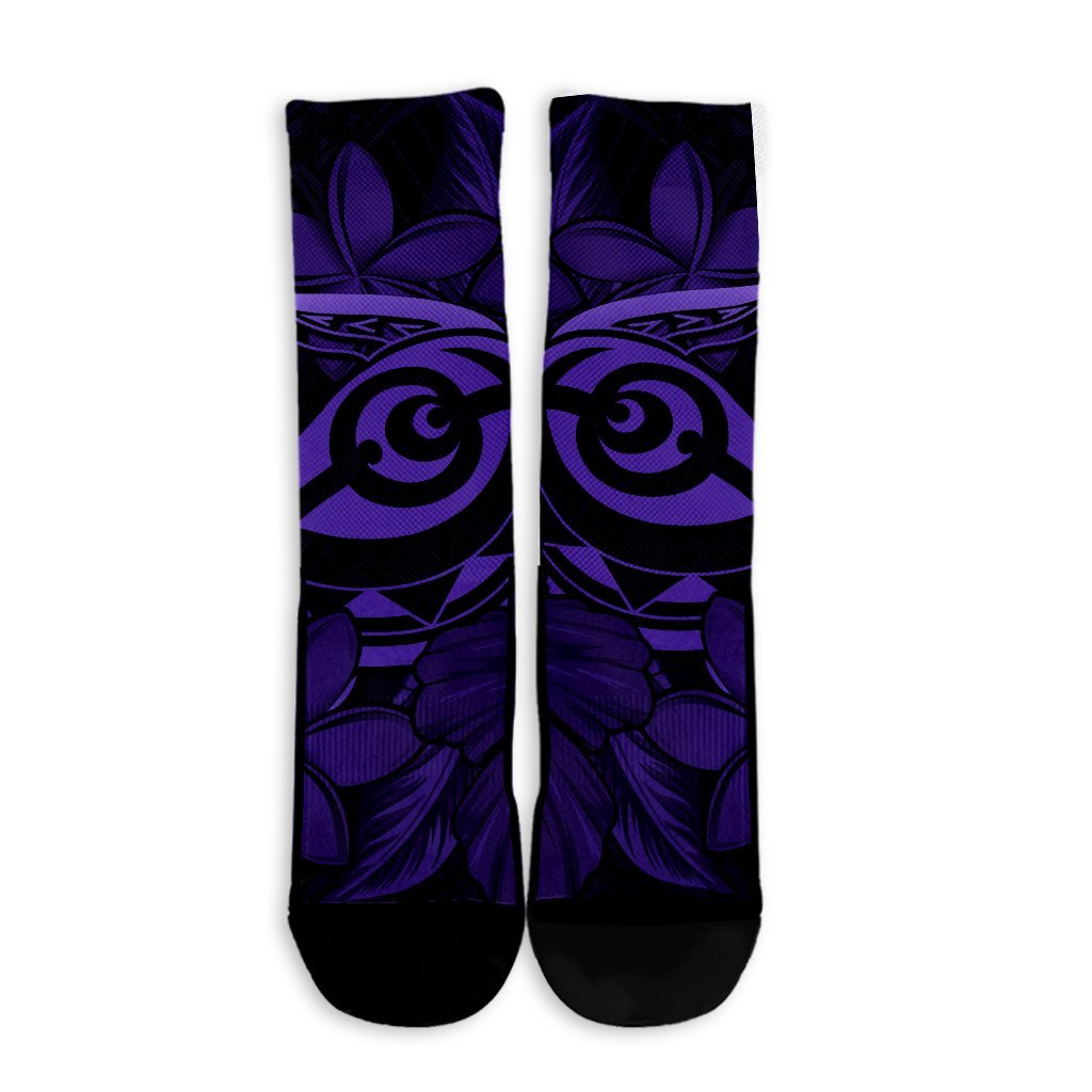 Hawaiian Turtle Hibiscus Plumeria Kanaka Polynesian Crew Socks Purple - Soft Style - AH - Polynesian Pride